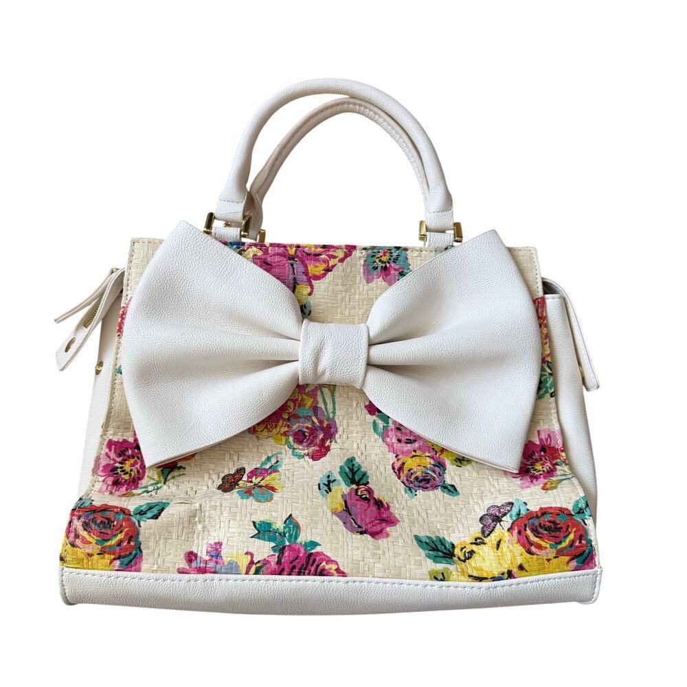 Betsey Johnson White Oversized Bow Floral Straw Purse Handbag Spring Bridal